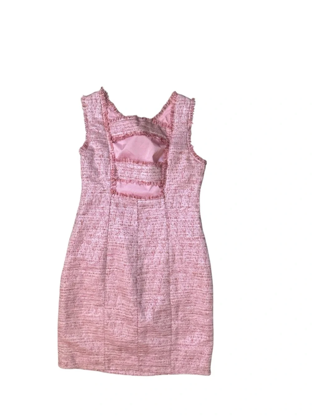 Adrianna Papell Pink Tweed Sheath Dress Fringe Cutout Back Pockets Size 12